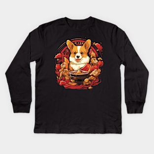 Kawaii Corgi Eating Ramen Noodles Kids Long Sleeve T-Shirt